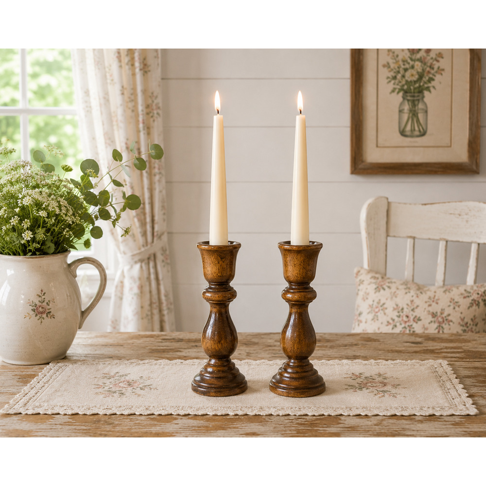 Vintage Pair of Wooden Colonial Style Candle Holders 7"